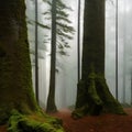 A dense, mystical forest with ancient trees and fog2, Generative AI