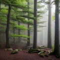 A dense, mystical forest with ancient trees and fog3, Generative AI