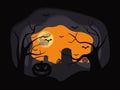 Dense scary forest at halloween night with tombstones, pumpkins and full moon deep effect vector illustration Royalty Free Stock Photo