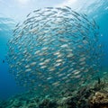 A dense school of fish forms a circular shape underwater, revealing a silvery, Royalty Free Stock Photo