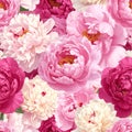 Dense Seamless Pink and White Peony Pattern with Yellow Stamens Royalty Free Stock Photo