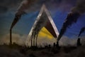 Dense smoke of factory chimneys on Saint Lucia flag - global warming concept, background with place for your text - industrial 3D