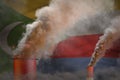 Global warming concept - dense smoke from industry chimneys on Comoros flag background with space for your content - industrial 3D