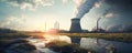 Dense smoke from nuclear power plant wide banner. Large thermal power plants steam from cooling towers Royalty Free Stock Photo