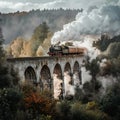 Dense Smoke Plumes from a Steam Engine Train Crossing an Old Stone Bridge, Panoramic view Royalty Free Stock Photo