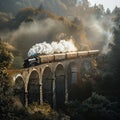 Dense Smoke Plumes from a Steam Engine Train Crossing an Old Stone Bridge, Panoramic view Royalty Free Stock Photo