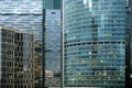 Dense standing buildings of Moscow City International Business Centre skyscrapers front view in the evening close-up Royalty Free Stock Photo