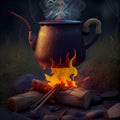Dense steam above a cauldron, magical still life with smoke, fantasy book cover