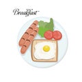 Dense, tasty breakfast. Egg on fried toast, two grilled sausages and tomatoes with salad. Royalty Free Stock Photo