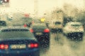 Dense traffic on a rainy day. Traffic in rainy day with road view through car window with rain drops. Blurry image, Rain drops on Royalty Free Stock Photo