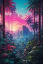 A Dense Tropical Forest With Synthwave Aesthetic Scenes From A Panoramic Point Of View. Royalty Free Stock Photo