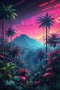A Dense Tropical Forest With Synthwave Aesthetic Scenes From A Panoramic Point Of View. Royalty Free Stock Photo