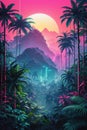 A Dense Tropical Forest With Synthwave Aesthetic Scenes From A Panoramic Point Of View. Royalty Free Stock Photo