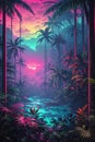 A Dense Tropical Forest With Synthwave Aesthetic Scenes From A Panoramic Point Of View. Royalty Free Stock Photo