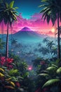 A Dense Tropical Forest With Synthwave Aesthetic Scenes From A Panoramic Point Of View. Royalty Free Stock Photo