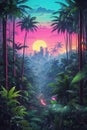 A Dense Tropical Forest With Synthwave Aesthetic Scenes From A Panoramic Point Of View. Royalty Free Stock Photo