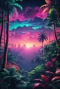 A Dense Tropical Forest With Synthwave Aesthetic Scenes From A Panoramic Point Of View. Royalty Free Stock Photo