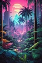 A Dense Tropical Forest With Synthwave Aesthetic Scenes From A Panoramic Point Of View. Royalty Free Stock Photo