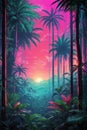 A Dense Tropical Forest With Synthwave Aesthetic Scenes From A Panoramic Point Of View. Royalty Free Stock Photo