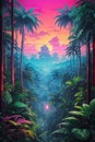 A Dense Tropical Forest With Synthwave Aesthetic Scenes From A Panoramic Point Of View. Royalty Free Stock Photo