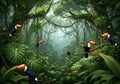 Dense tropical rainforest scene with multiple toco toucans (*Ramphastos toco*), Royalty Free Stock Photo