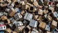 Overhead view of a large pile of recyclable electronic waste devices and packaging Royalty Free Stock Photo