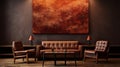 Densely Textured Tonalist Seascapes: Leather Couches And Orange Painting In Living Room
