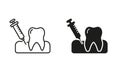 Dental Anesthesia for Tooth Treatment Silhouette and Line Icon Set. Oral Medicine. Anesthetic Injection in the Gum