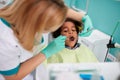 Dental assistant look with dental mirror girl's teeth Royalty Free Stock Photo