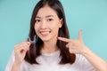 Dental Beautiful smiling of young asian woman with retainer braces glad emotion Royalty Free Stock Photo