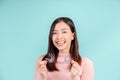 Dental Beautiful smiling of young asian woman with retainer braces glad emotion