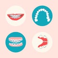 Dental braces, aligner and orthodontic metal retainers on teeth.Oral care and daily routine.Bite correction. Round icons. Royalty Free Stock Photo