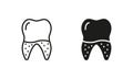 Dental Calculus Silhouette and Line Icons Set. Defective Teeth, Tartar Pictogram. Tooth Medical Disease, Oral Problem