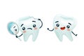 Dental Care with Cute Funny Tooth Character with Break Looking in Mirror and Smiling Vector Set