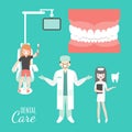 Dental care. Dentist doctor and patient in medical dental clinic. Girl in dentist chair. Vector cartoon people Royalty Free Stock Photo