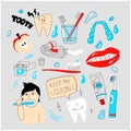 Dental care doodle set. Simple tooth care illustration. tools for Healthy teeth. Floss and toothbrush. everyday routine Royalty Free Stock Photo