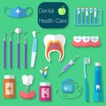 Dental care flat design Vector illustration with Dental floss, teeth, mouth, tooth paste and brush, medicine, syringe and dentist