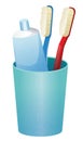 Dental care hygiene accessories, a toothpaste, blue and red brush in cyan aquamarine glass isolated on whiter background. Cute