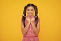 Dental care, hygiene and child. Teenage girl with toothbrush brushing teeth. Happy teenager, positive and smiling Royalty Free Stock Photo