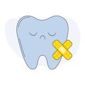 Dental care icon. Sad tooth with adhesive bandage. Flat vector illustration