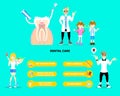 Dental care infographic concept, dentist with boy and girl have a toothache, woman eating healthy food, smoking man
