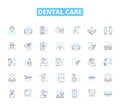 Dental care linear icons set. Oral health, Toothbrush, Flossing, Dentist, Hygiene, Braces, Whitening line vector and