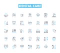 Dental care linear icons set. Oral health, Toothbrush, Flossing, Dentist, Hygiene, Braces, Whitening line vector and