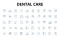Dental care linear icons set. Oral health, Toothbrush, Flossing, Dentist, Hygiene, Braces, Whitening vector symbols and