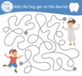 Dental care maze for children. Preschool medical activity. Funny puzzle game with cute doctor and child with aching tooth. Help