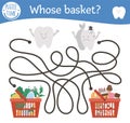 Dental care maze with cute teeth and different products in shopping baskets. Preschool tooth care activity. Cute mouth hygiene