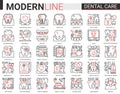 Dental care medicine thin red black line icons vector illustration set with medical tooth implant pictogram, dentist