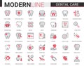 Dental care medicine flat thin red black line icons vector illustration set with medical tooth implant pictogram