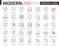 Dental care medicine flat thin red black line icons vector illustration set with medical tooth implant pictogram