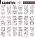 Dental care medicine thin red black line icons vector illustration set with medical tooth implant pictogram, dentist Royalty Free Stock Photo